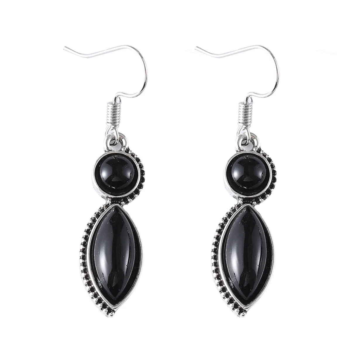 A pair of vintage-style geometric pendant earrings with purple and black stones on a zinc alloy frame.