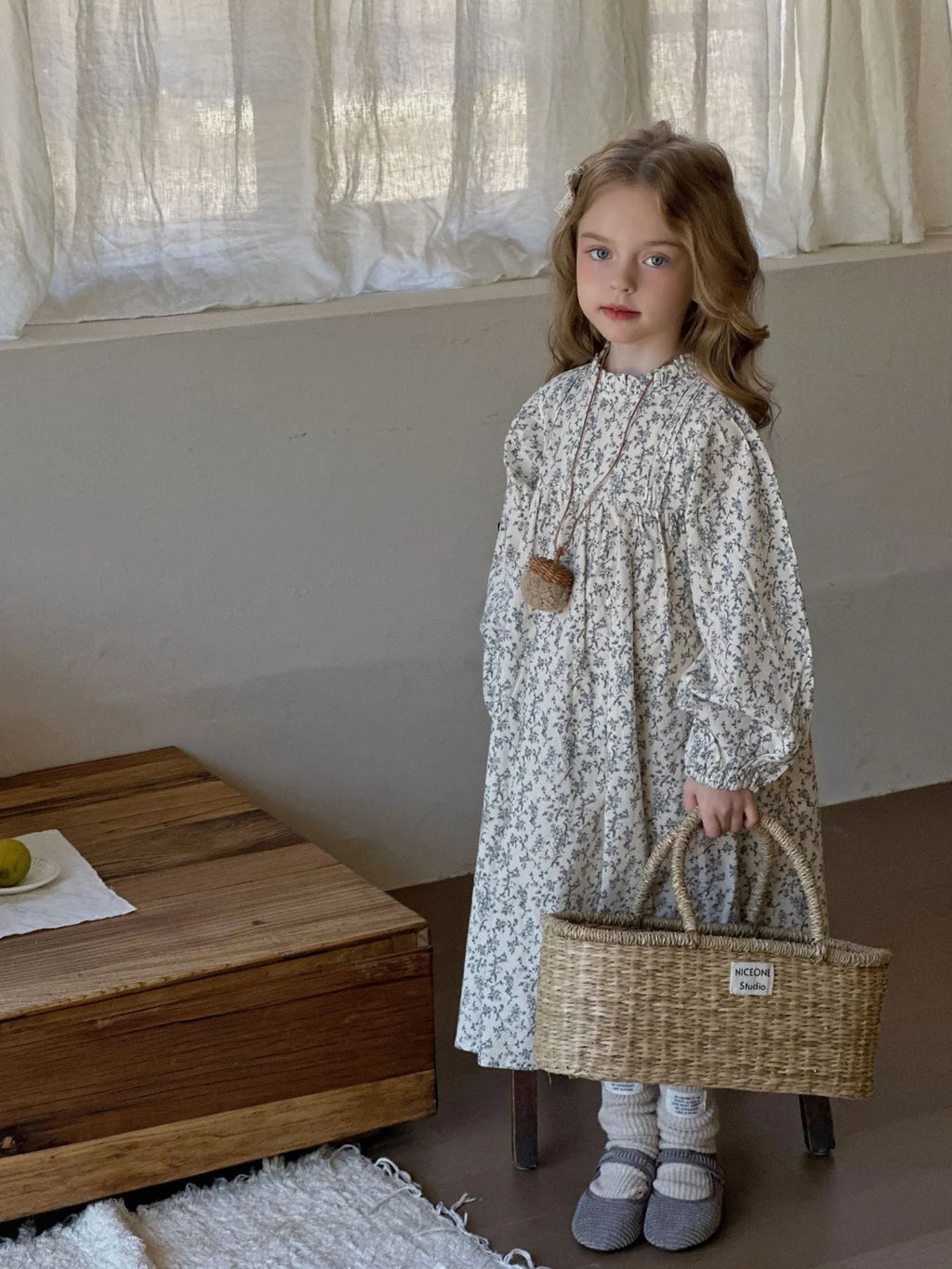 Girls long sleeve cotton dress with blue flower floral print, princess style, sizes 90cm to 140cm