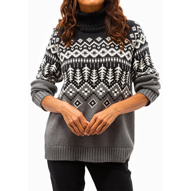 Women's jacquard turtleneck sweater, long sleeve polyester pullover in blue, red, green or grey.