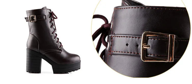 Women's chunky heel PU martin boots square toe in black, brown, and white sizes 34-43