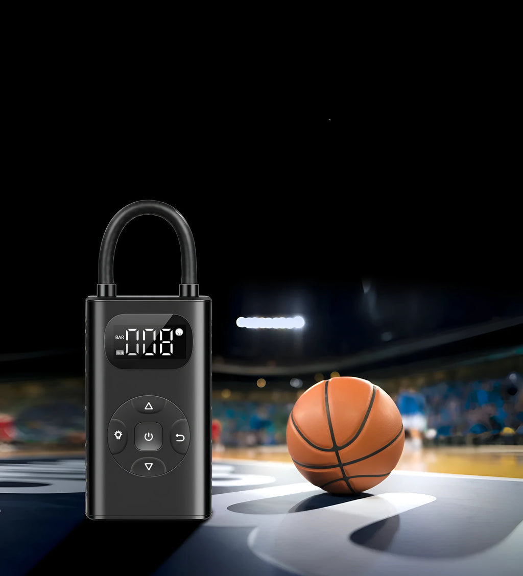 Black aviation aluminium alloy portable power bank tyre inflator with 16 cm tube for cars and bikes.