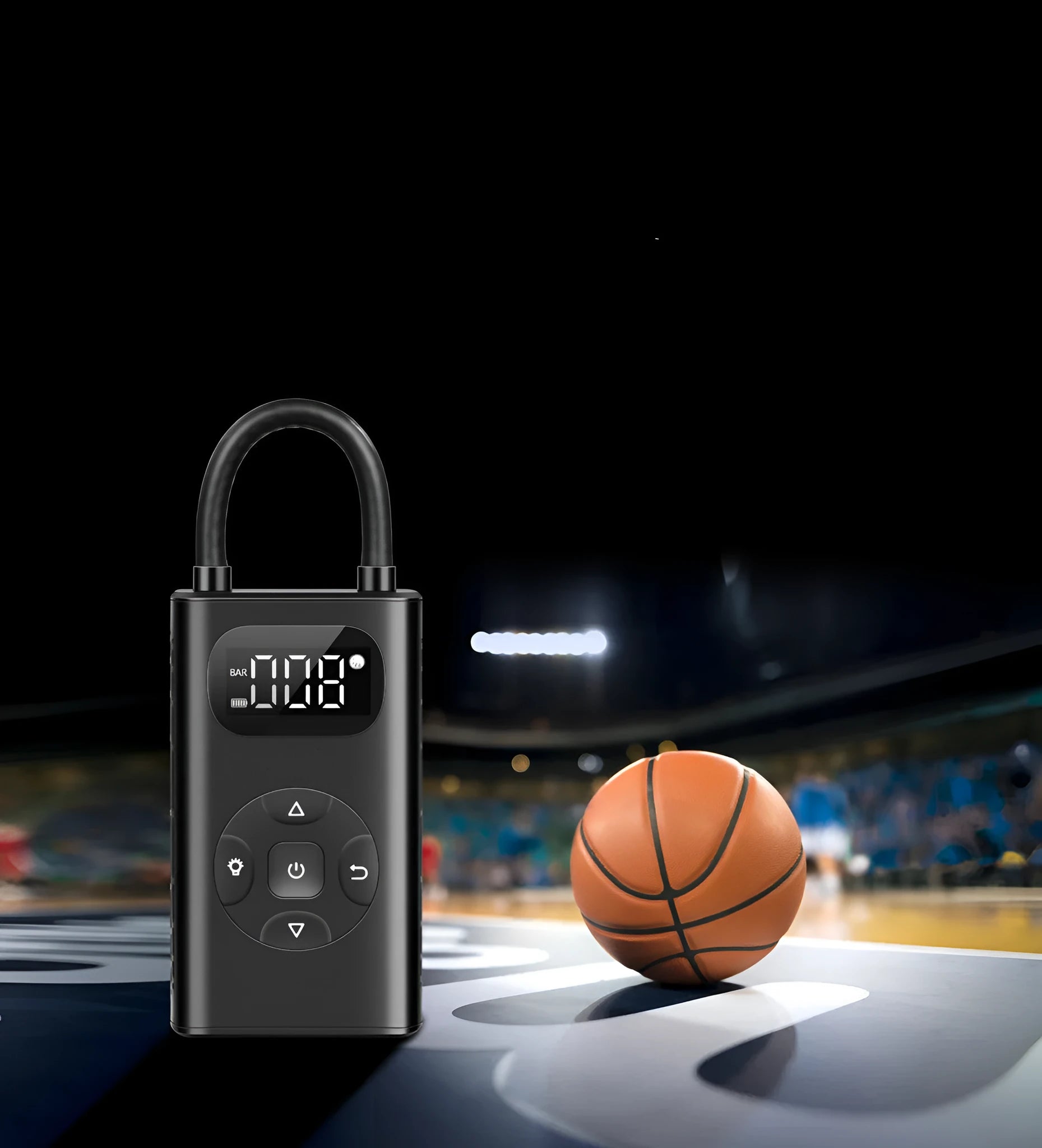 Black portable USB tyre inflator for cars and motorcycles with digital display.