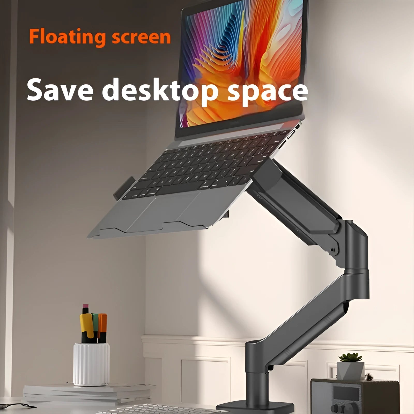 Aluminium alloy suspended cooling laptop bracket with height adjusting mechanical arm on desk