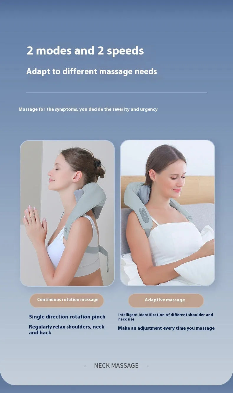 Grey elastic fabric USB rechargeable neck and back massager with infrared function.