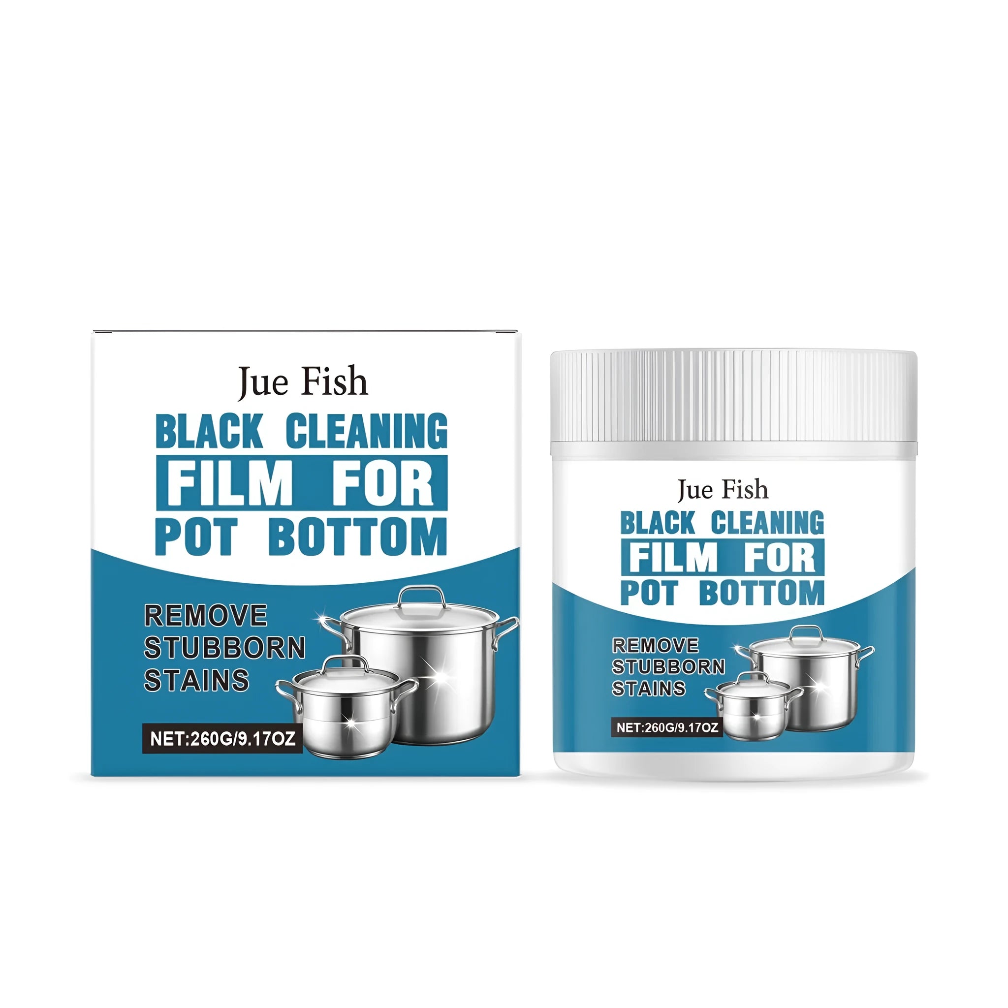 Black cleaning paste in a 260g tub for removing burnt food from pot bottoms and cooker hobs.