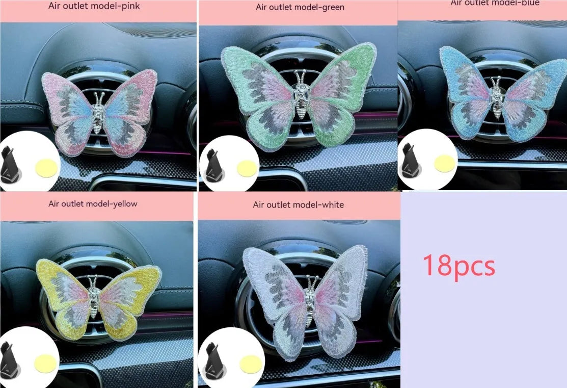Moving embroidery butterfly fabric car centre console air vent decoration in multiple colour options