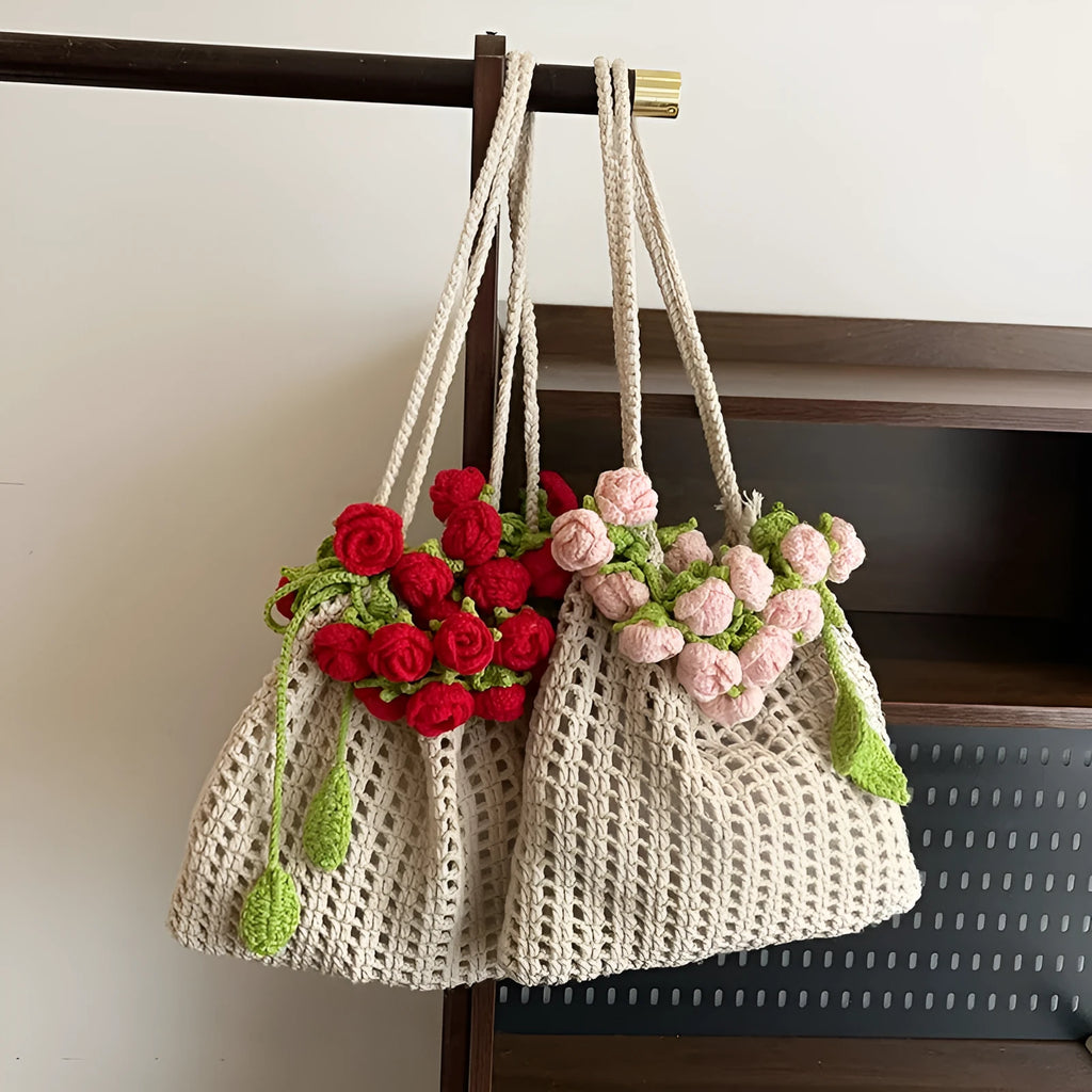 Artistic girls' one-shoulder bag with woven rose bouquet design in pink and red, soft material, double straps