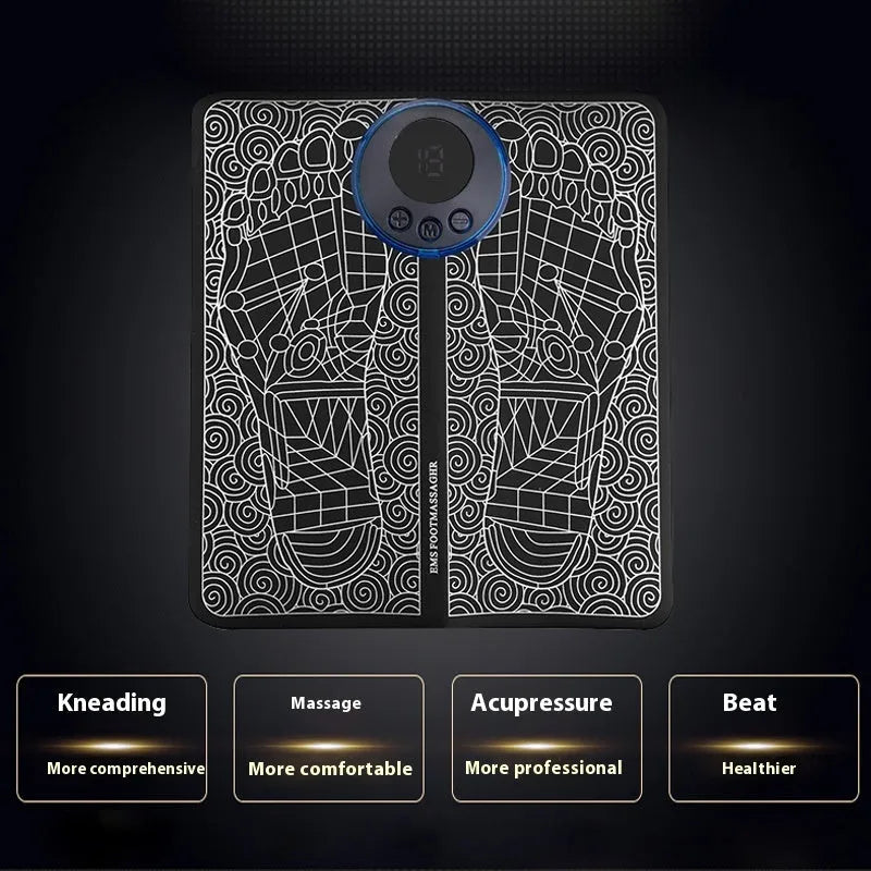 Leather foot massage cushions with a wireless remote control on a grey background.