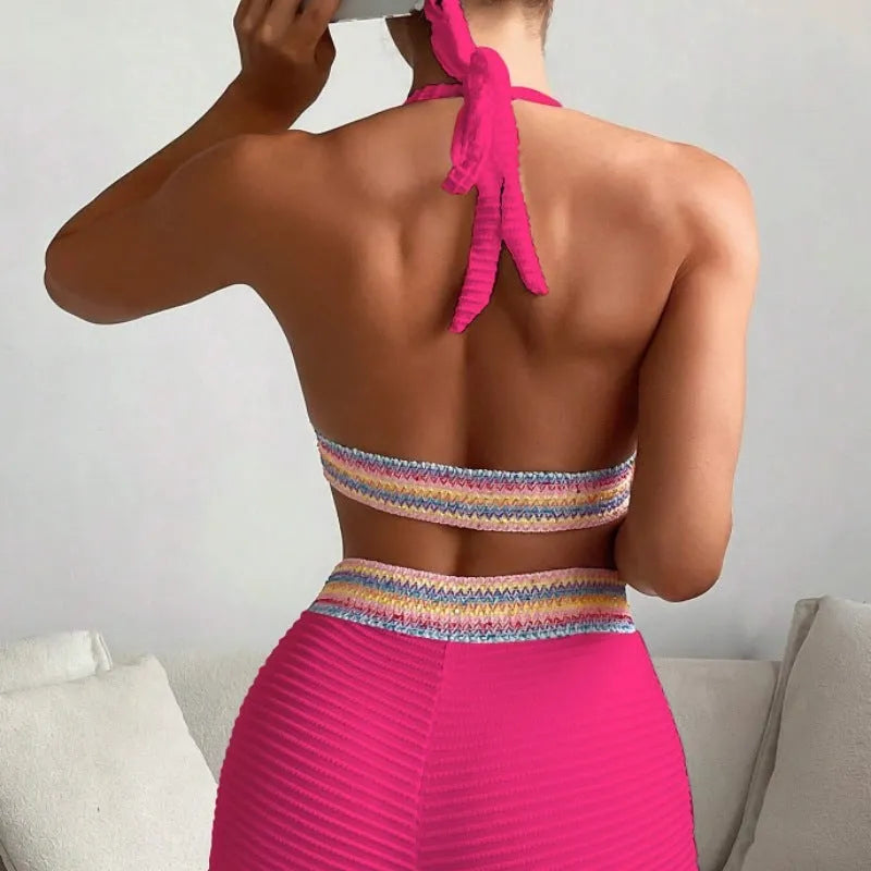 Women's high waist bikini suit in a choice of six colours with striped or solid patterns
