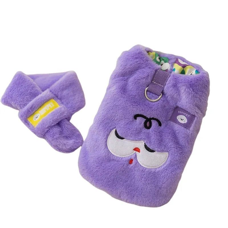 Autumn winter dog hoodie with cute bear design and scarf in pink or purple, sizes XS to XXL