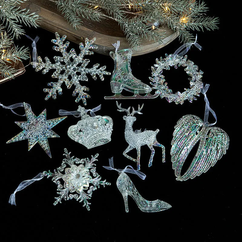 Transparent acrylic and plastic Christmas hanging decorations in snowflake, elk, icicle, and garland designs.