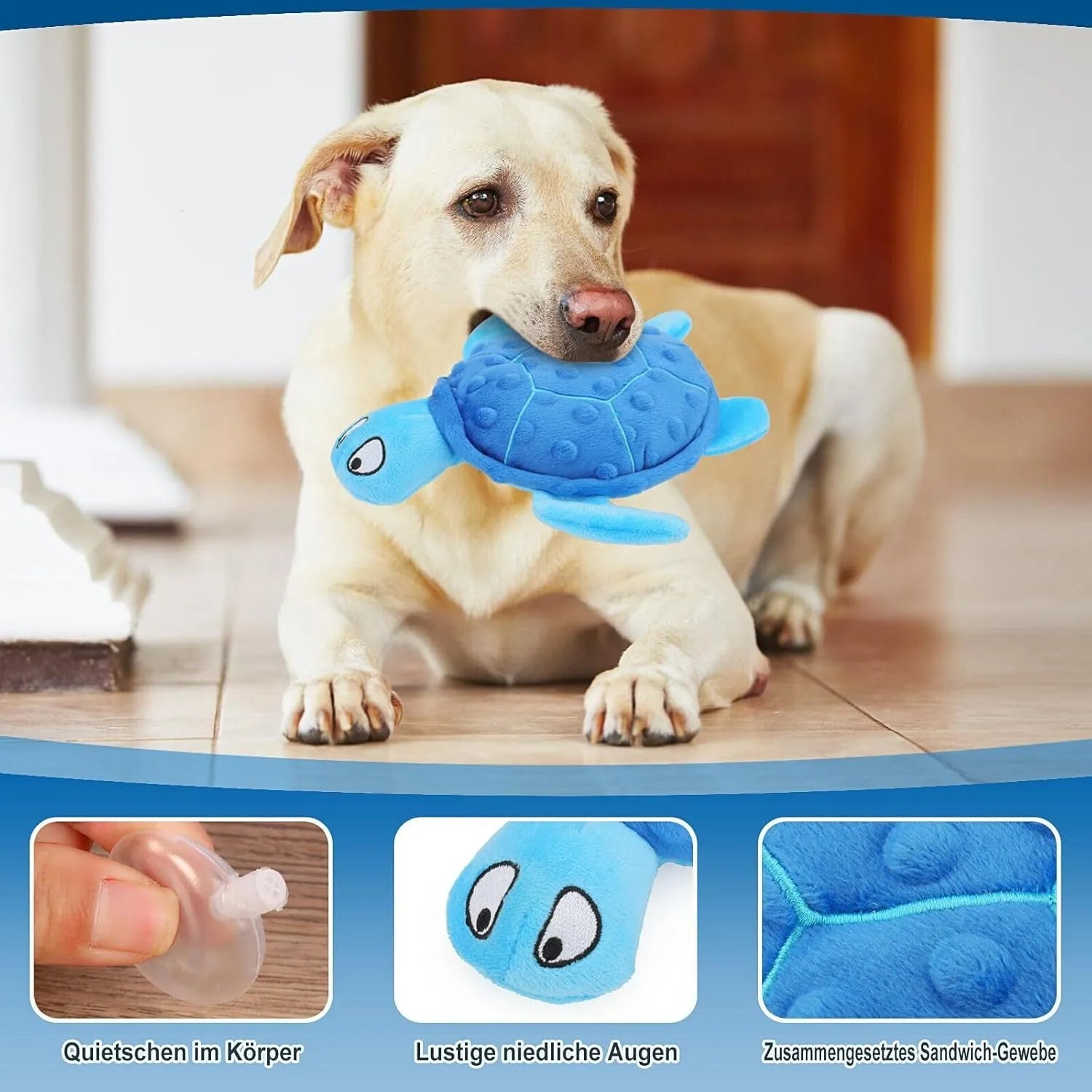 Blue sea turtle plush dog chew toy with squeaker, crinkle and rattling paper sounds.
