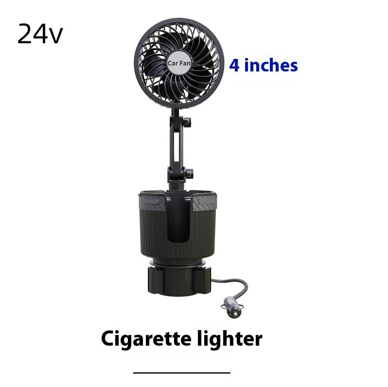 A car cup holder fan with black ABS plastic housing inserted into a vehicle's centre console.
