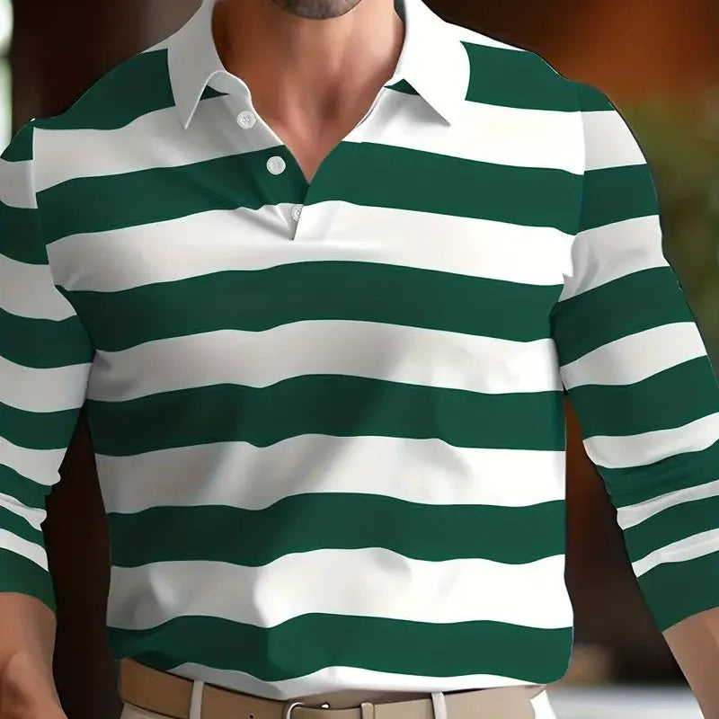 Men's loose fit long sleeve polo shirt in dark colour with button-up front and pullover design