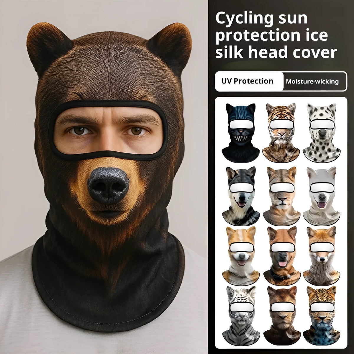 Polyester motorcycle hood head cover for sun and dust protection, available in Ice Silk or Warm style.