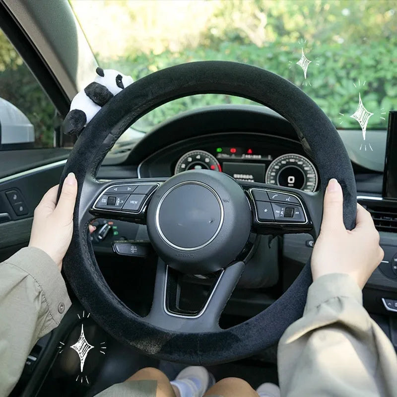 Plush black panda design steering wheel cover and matching shoulder pad set for 38cm wheels