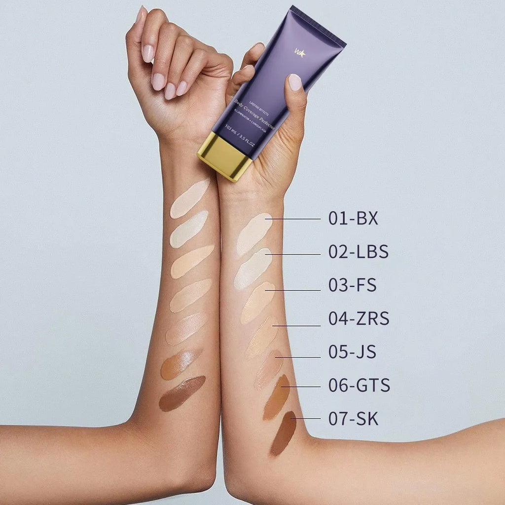 Waterproof body tattoo concealer cream bottle and brush in one of seven radiance shades.