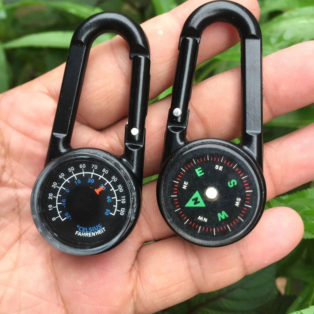 Black Army Green rose gold zinc alloy camping carabiner with thermometer and compass display, shown from the side.