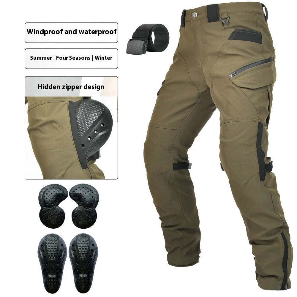 Men's green waterproof motorcycle trousers with belt and protective knee pads laid flat.