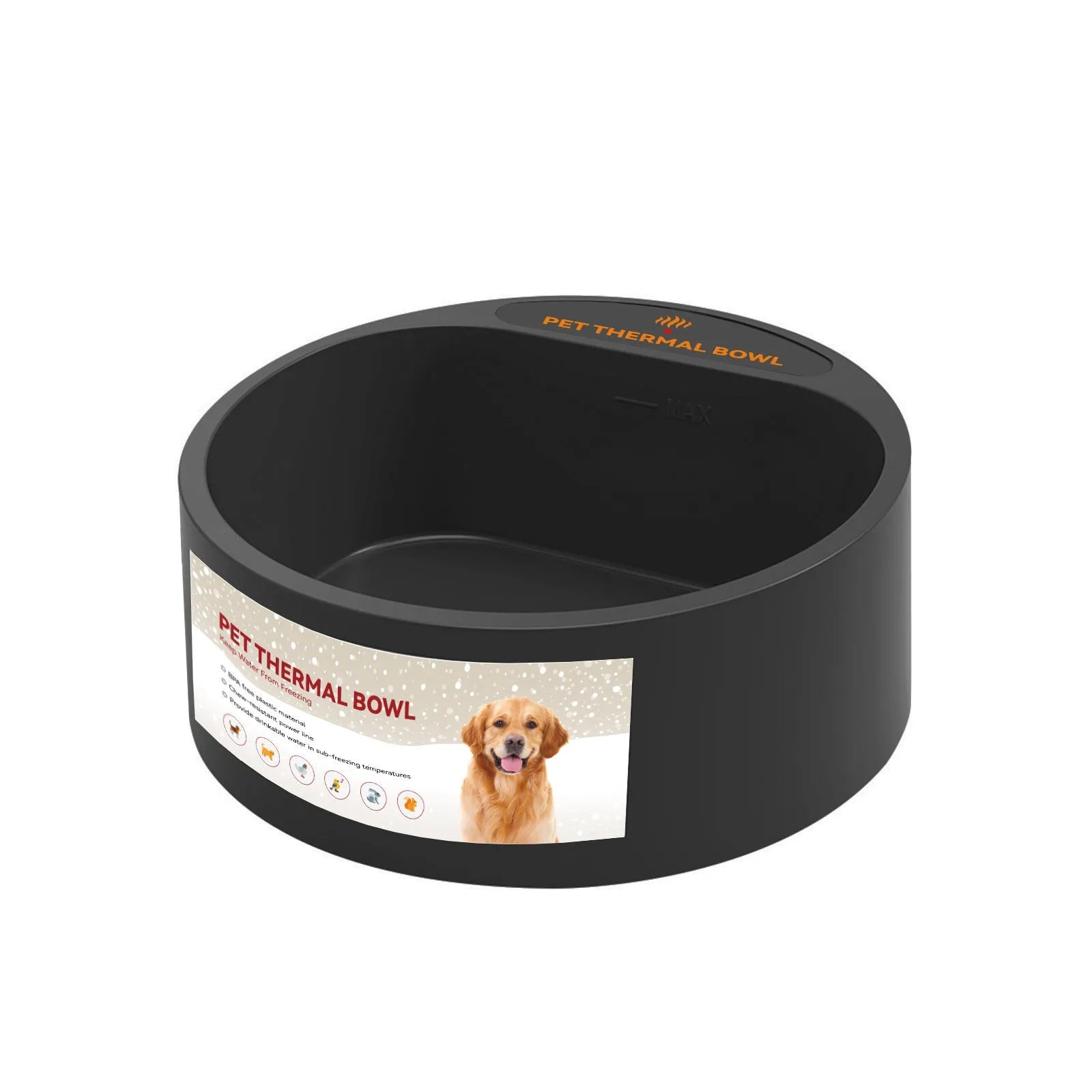 Black ABS plastic electric pet food warming bowl with a 2.2-litre capacity on a kitchen floor.