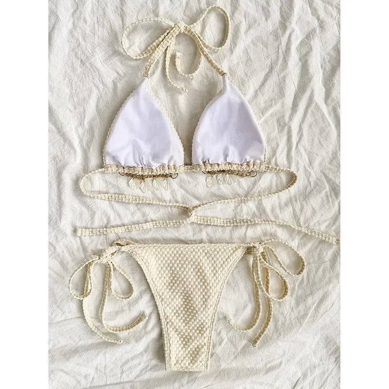 Women's halter lace-up bikini swimsuit in polyester fabric shown in milky white colour