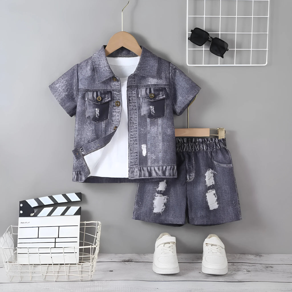 Girls' broken hole design shorts suit two-piece set in gray polyester fabric for summer
