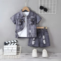 Girls' broken hole design shorts suit two-piece set in gray polyester fabric for summer