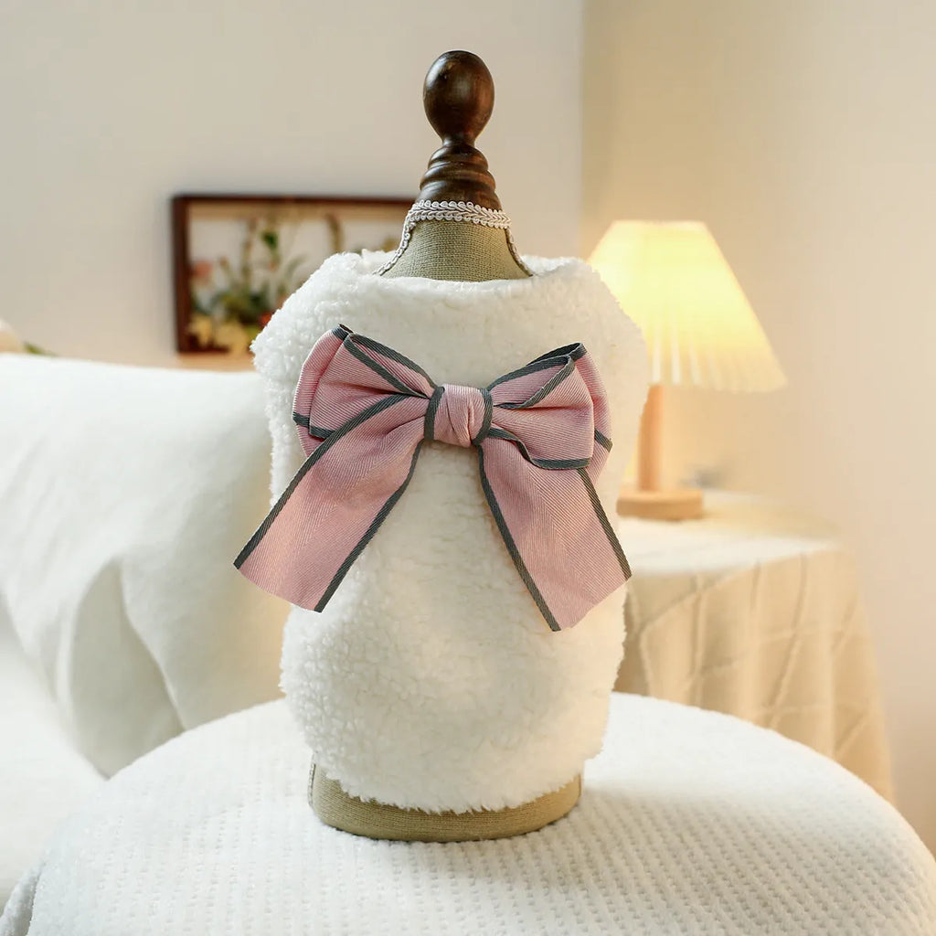 Bowknot polyester pet vest in blue, pink, or white, sizes XS to XL, chest 30-54cm