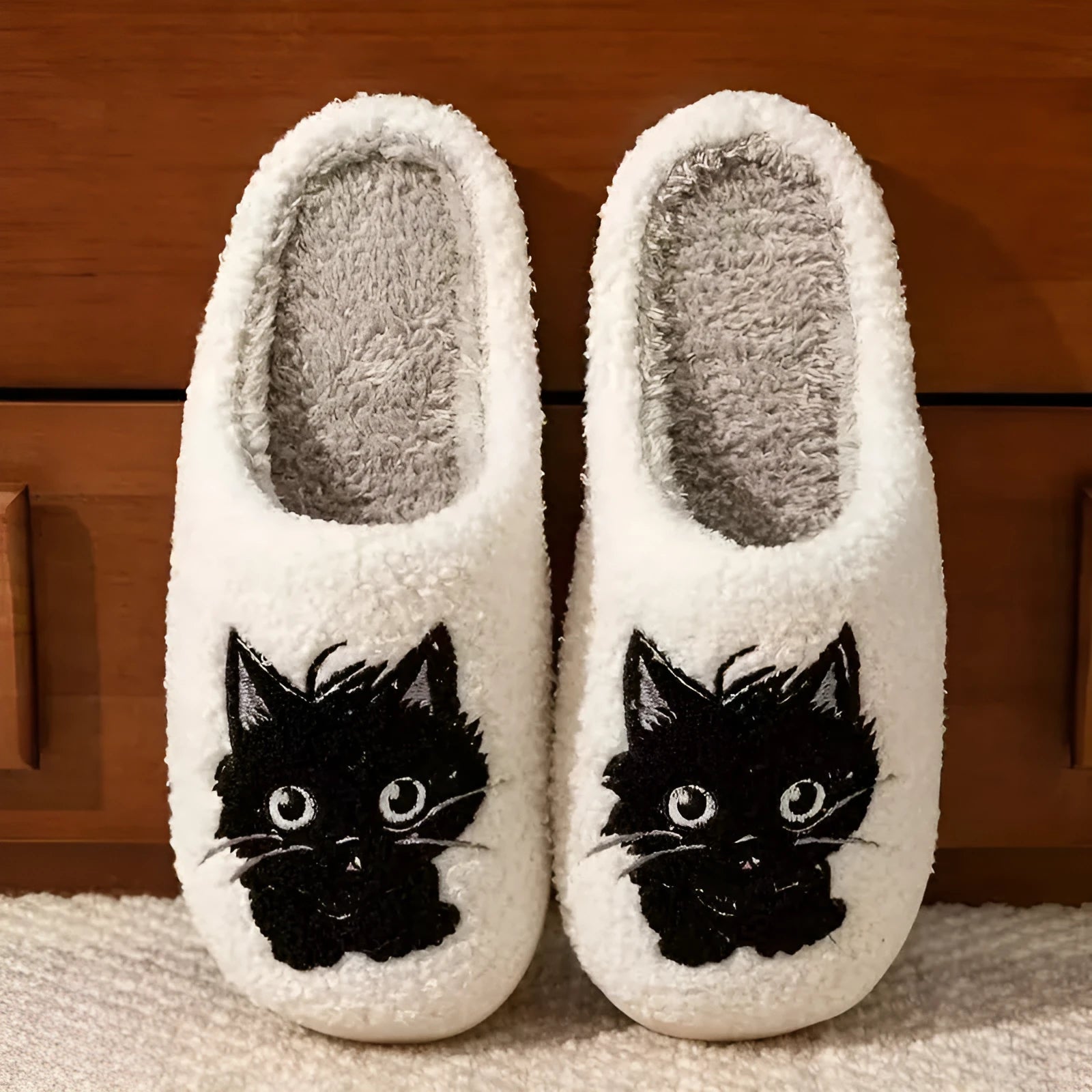 White cartoon cat couple cotton slippers with plush construction and non-slip TPR soles