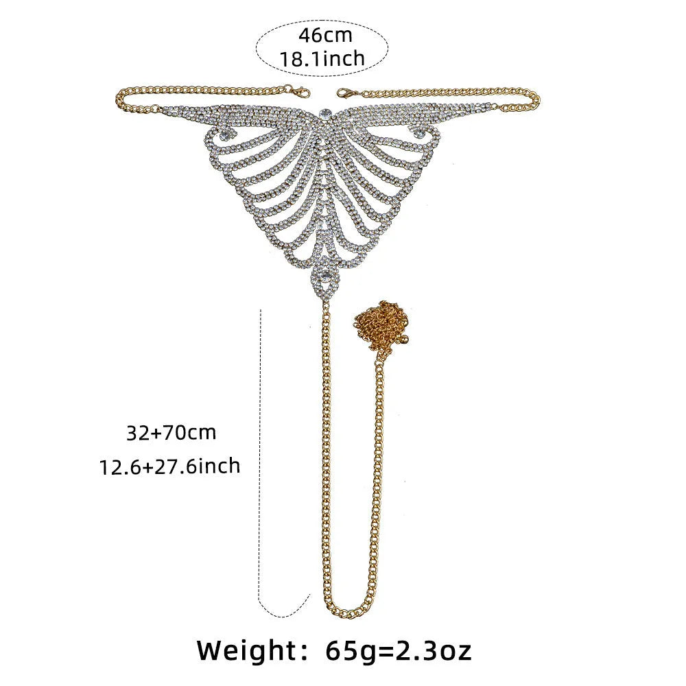 Women's gold and silver metallic body chain bra and panties set for parties and festivals