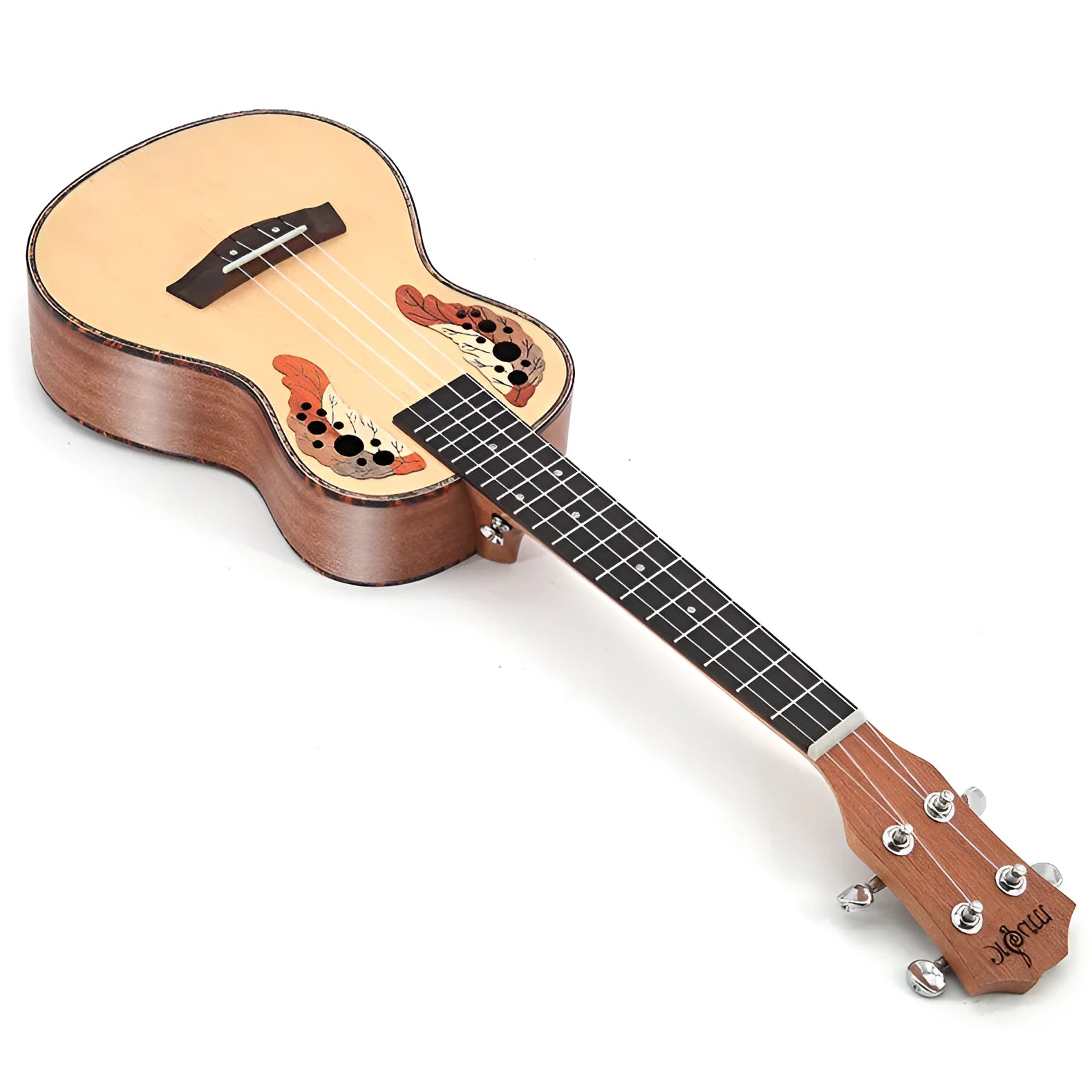 23 inch spruce grape hole ukulele with rosewood fingerboard and chrome tuning pegs, wood colour finish