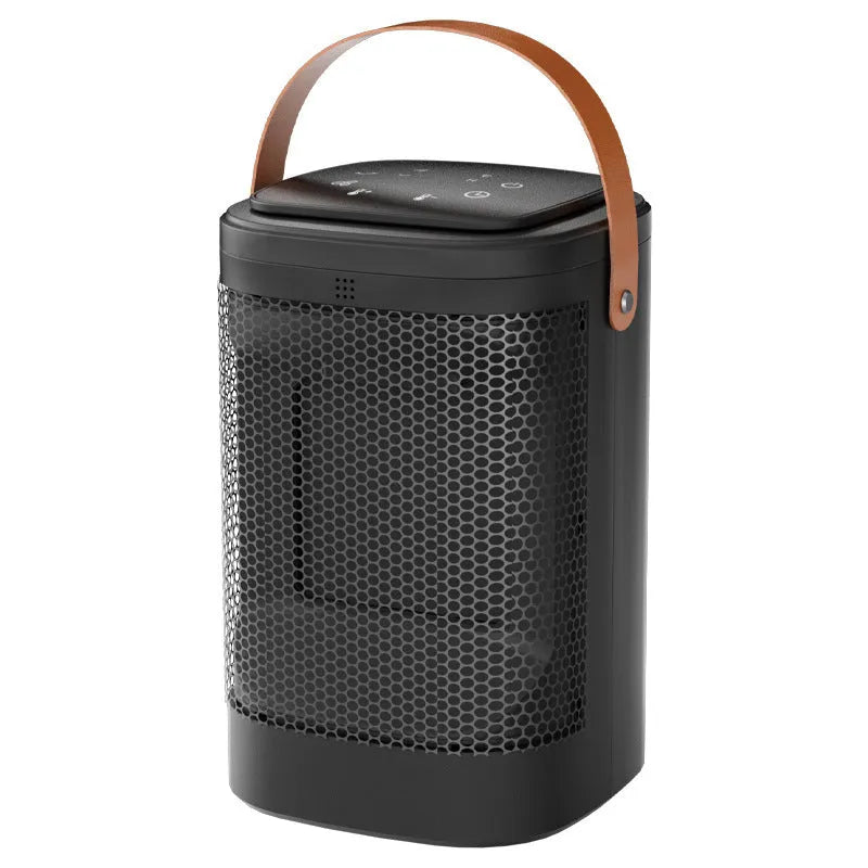 Silver portable heater with digital touch screen display and remote control on a table.