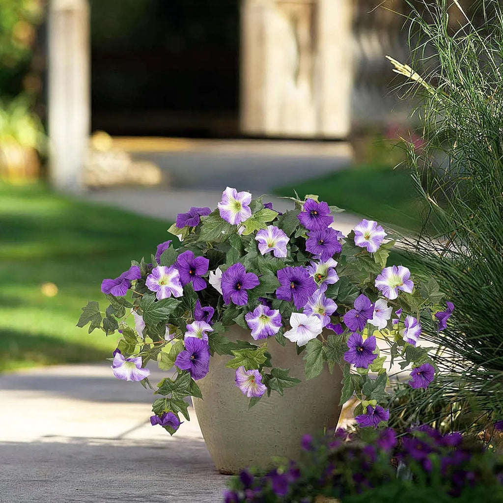 Plastic European courtyard garden container with artificial silk flower in multiple colour options