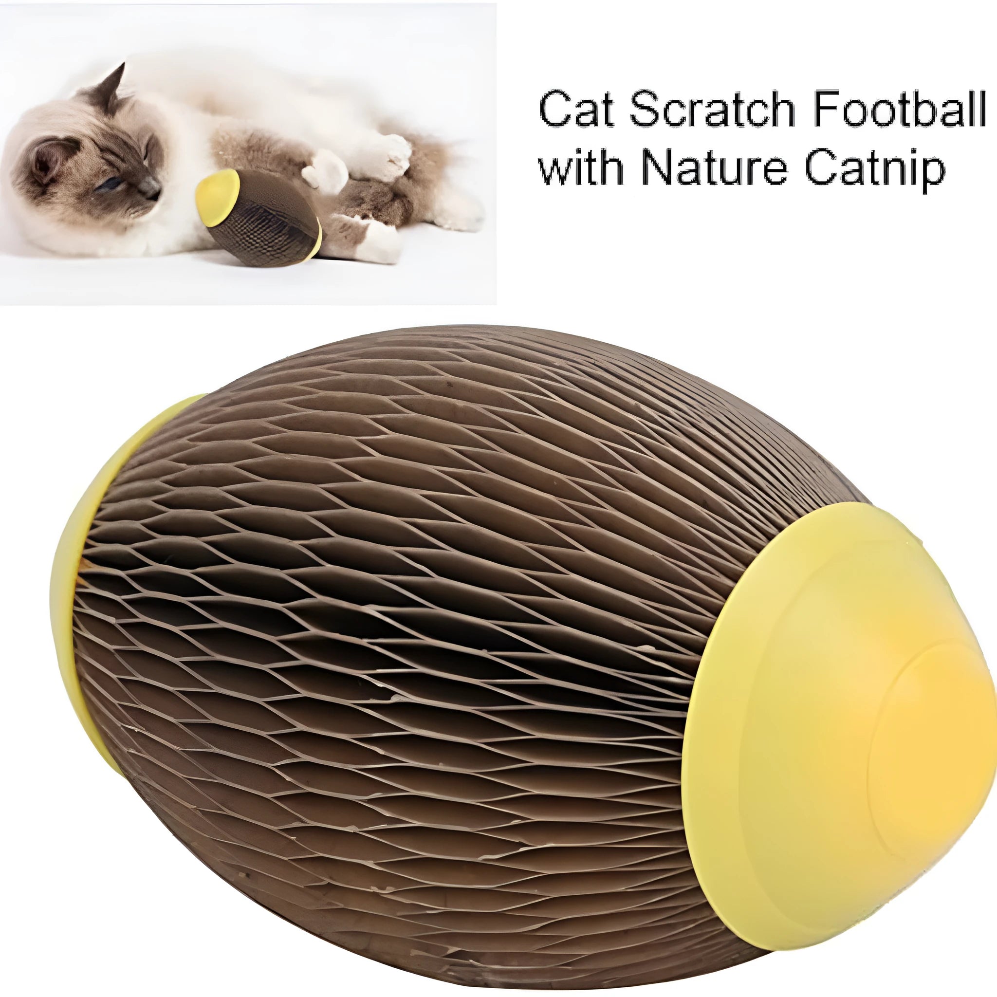 Elliptical catnip scratch football toy made from recycled corrugated paper