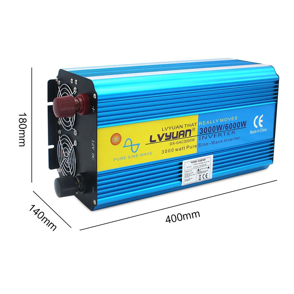 Blue 3000W pure sine wave power inverter with digital display and British Standard sockets