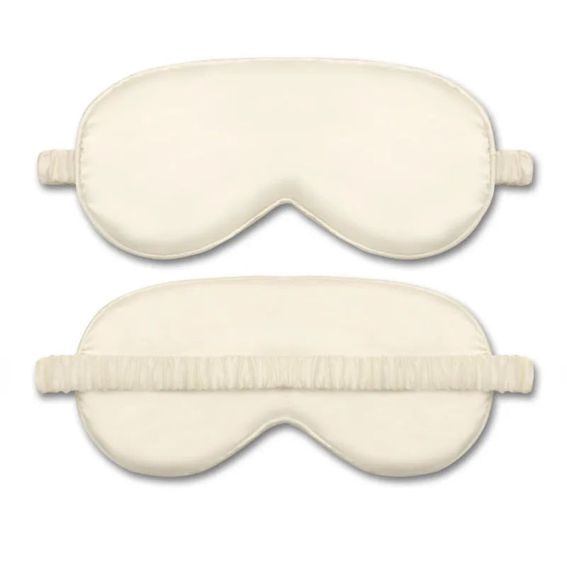 Double-sided silk-like eyeshade in rayon elastic satin shown in multiple colour options including black, beige, and wine red
