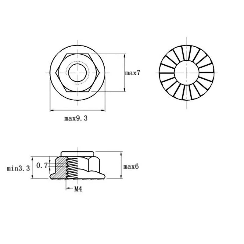 304 stainless steel flange nylon locking nut with hexagonal flats and integrated flange base, shown in metric sizes M3 to M16