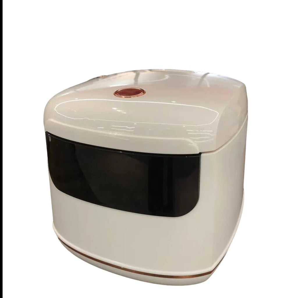White 2L smart rice cooker with black microcrystal panel and PP steamer on kitchen counter
