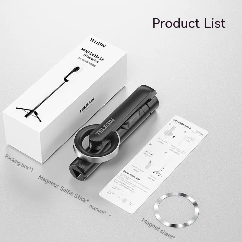 Magnetic mini selfie stick in black with Bluetooth remote and aluminium alloy tripod on a table