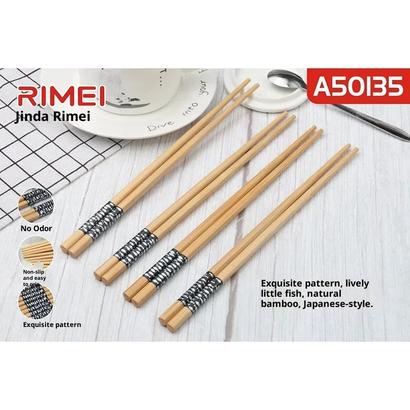 10 pairs of solid colour bamboo chopsticks on a plain surface, household kitchen use