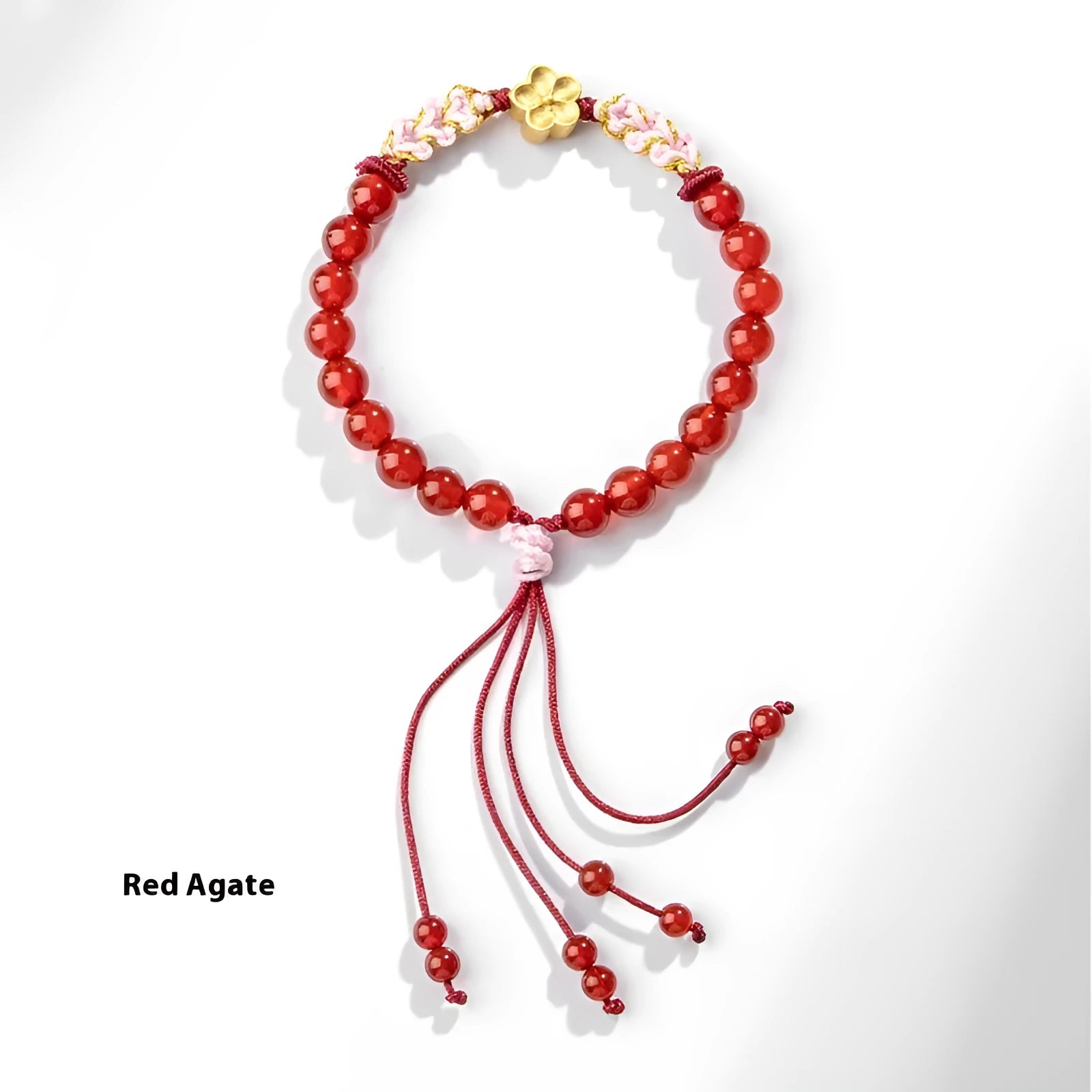 Crystal bracelet with hand-woven red rope strap and peach blossom design in diamond shape