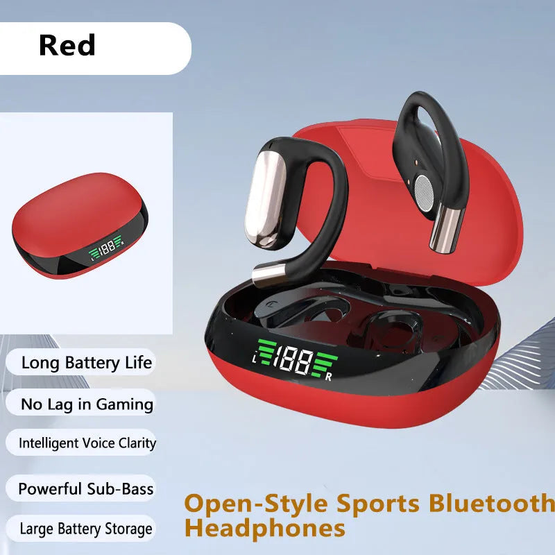 Bluetooth earphones hanging on the ear in black colour with ear hook design and digital display screen