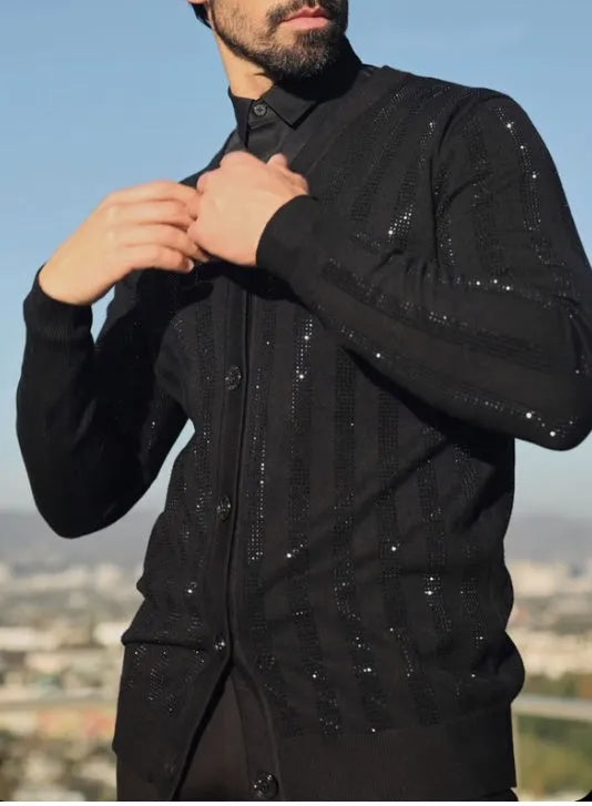 Men's black sequin cardigan with open front design on display