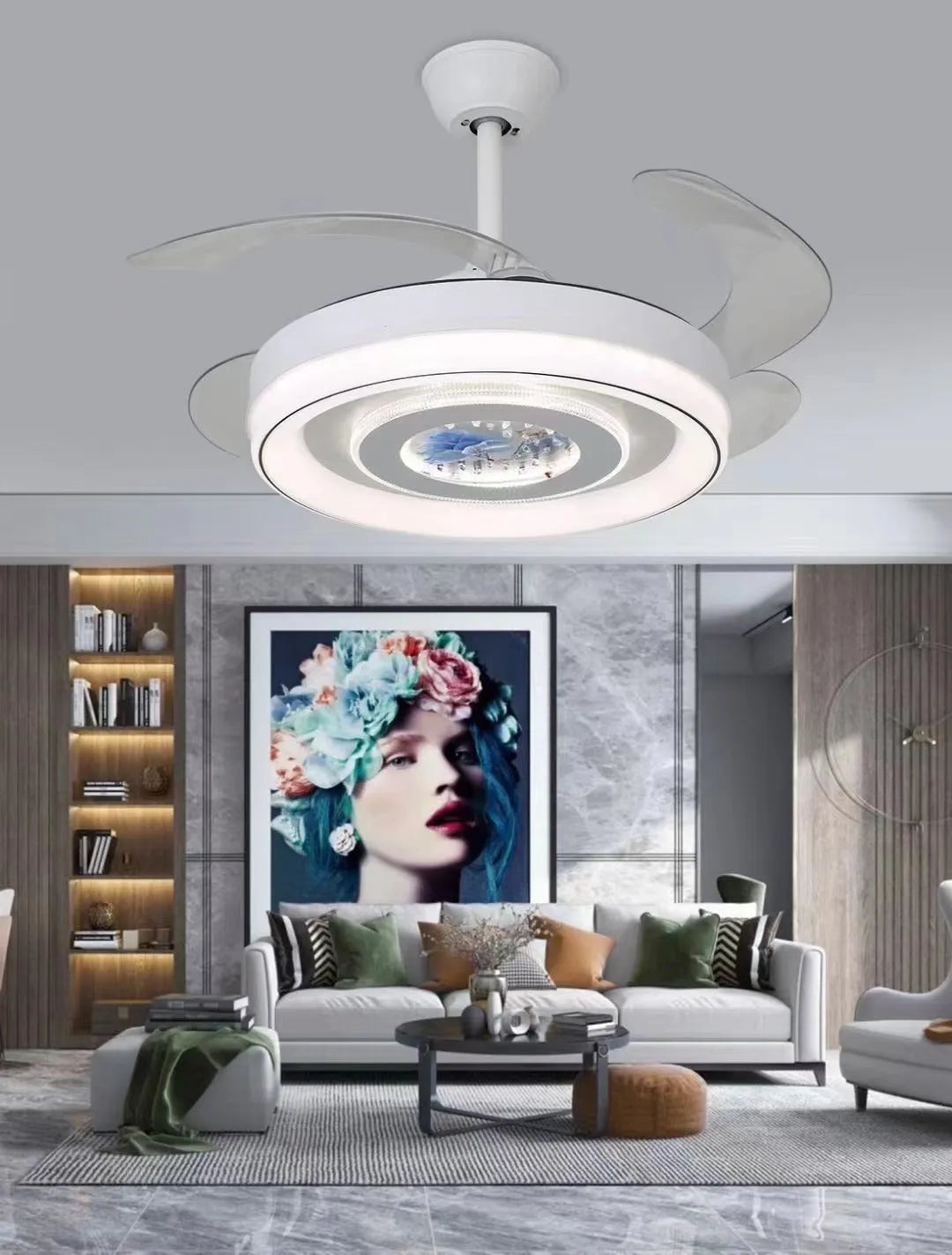 Nordic ceiling fan light with ABS blades in 42-inch or 48-inch diameter sizes