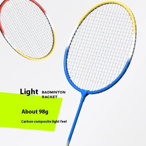 Blue and red split badminton rackets separated and connected, showing alloy frame and full set of two.