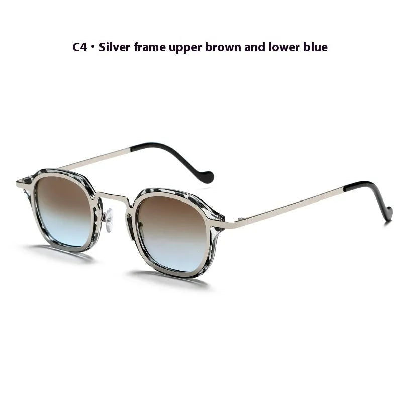 Square metal PC mixed men's sunglasses with round frame in black and silver, stainless steel and TAC lenses for sun protection