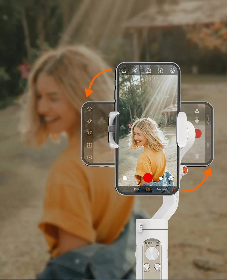 Black or white 3-axis phone stabiliser shown folded to its compact size.
