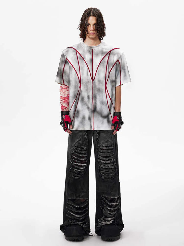 Women's padded shoulder T-shirt with three-dimensional patchwork design on short sleeves