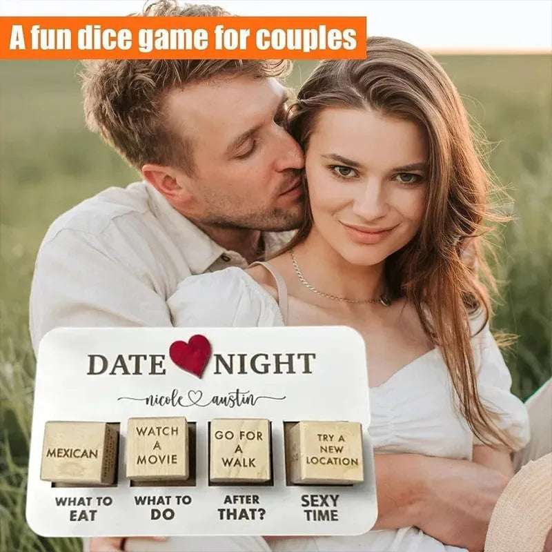 Wooden date night dice set with five decision dice, planner board, and black storage bag for couples