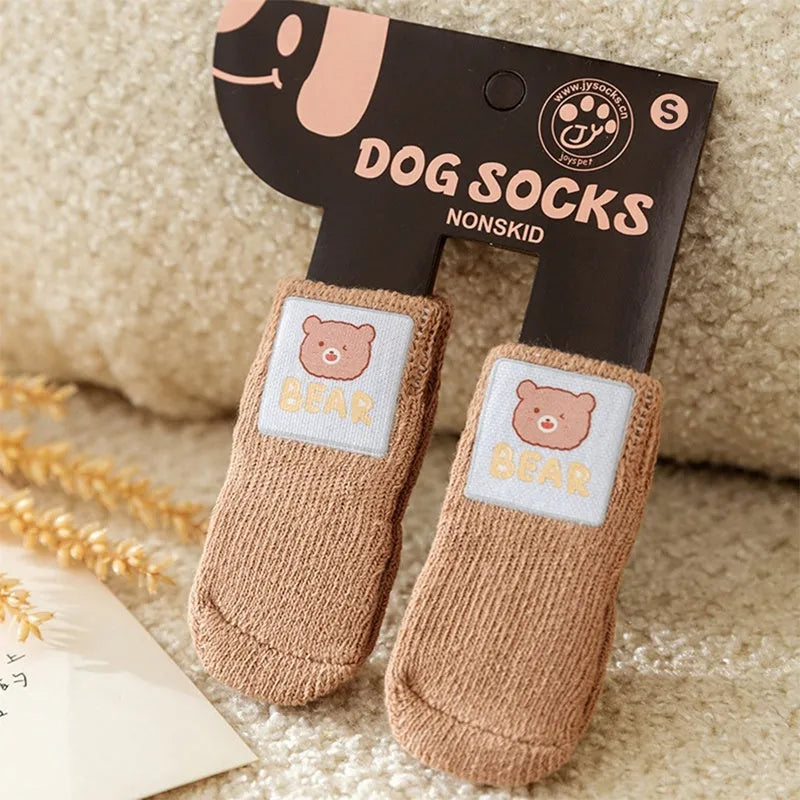 Cartoon big-eyes dog socks with anti-slip particles, cotton blend, green grey purple yellow, sizes S M L